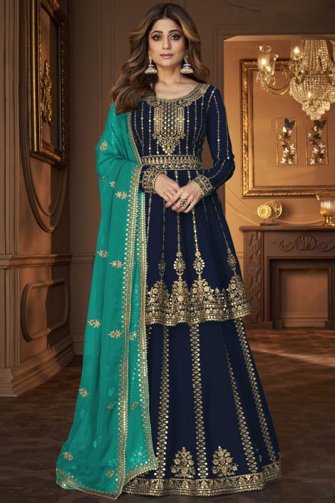 Shamita Shetty Navy Blue Color Georgette Fabric Beatific Sharara Top Lehenga
