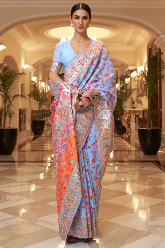 Light Blue Floral Printed Georgette Saree | Leemboodi