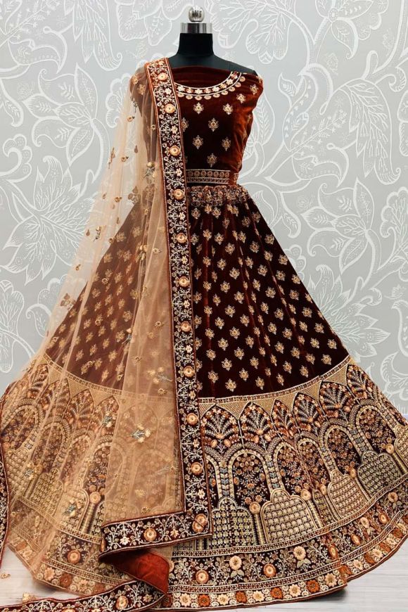 Brown Velvet Floral Embroidered Bridal Lehenga Choli 3239LG01