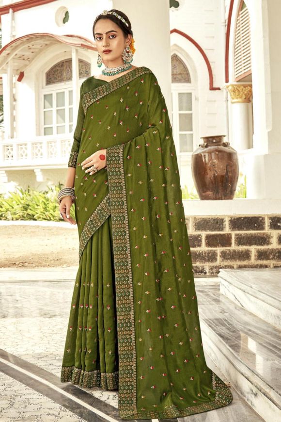 Buy Mehndi Green Silk Saree With Art Silk Blouse Online - SARV03111 |  Andaaz Fashion