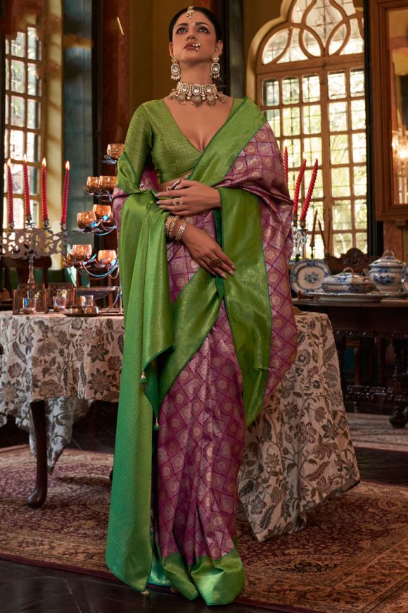 Buy Burgundy Silk Weaving Classic Saree Online : 82629 -