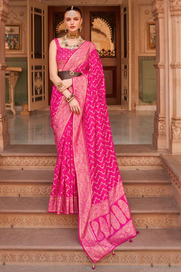 Traditional Look Pink Color Dola Silk Fabric Weaving Work Saree With  Contrast Blouse