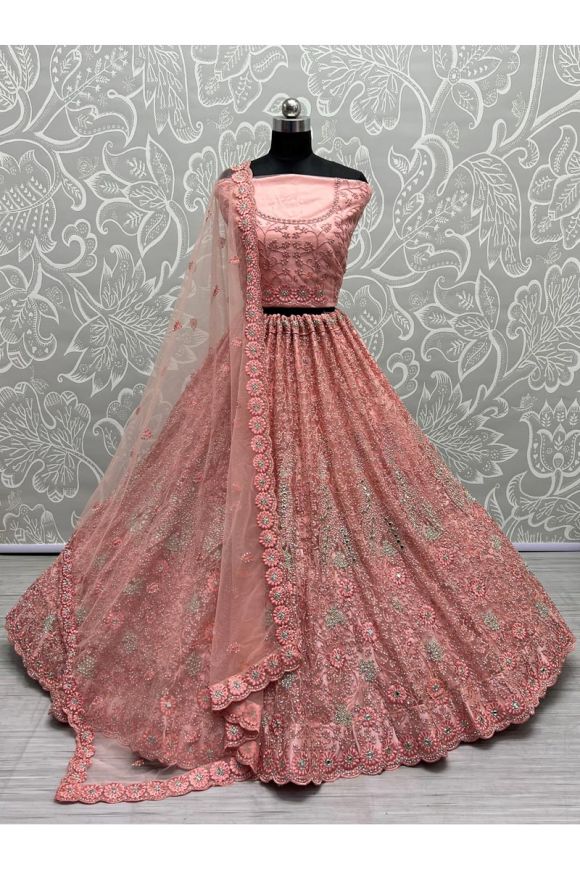 Dark Peach Color Banarasi Art Silk Wedding Lehenga Choli | Heenastyle