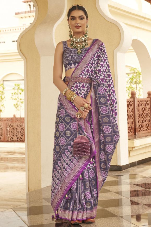 Lavender Organza Party Wear Saree With Contrast Blouse - Mejaaz Fashion