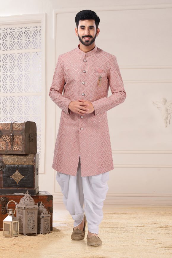 Pink Men's Plain Indo Western Sherwani & Dhoti 899MW18