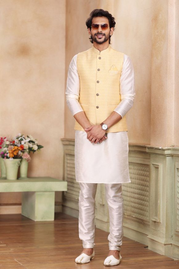 Buy Om Shubh Mangalam Men's Golden Kurta Pajama Set With Golden Jacket For  Wedding Party at Amazon.in