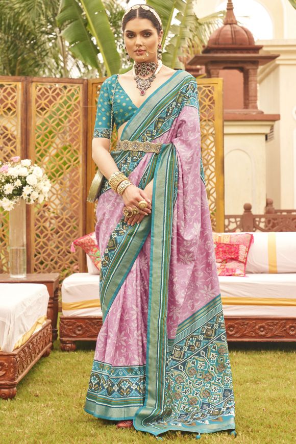 Blue And Pink Woven Patola Silk Saree | Saree blouse designs, Unique blouse  designs, Print blouse design