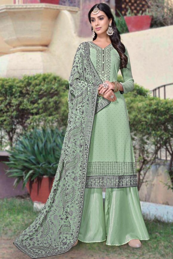 Light Green Neck Embroidered Cotton Stitched Suit Set | Diya Trends-DN.6010  | Cilory.com