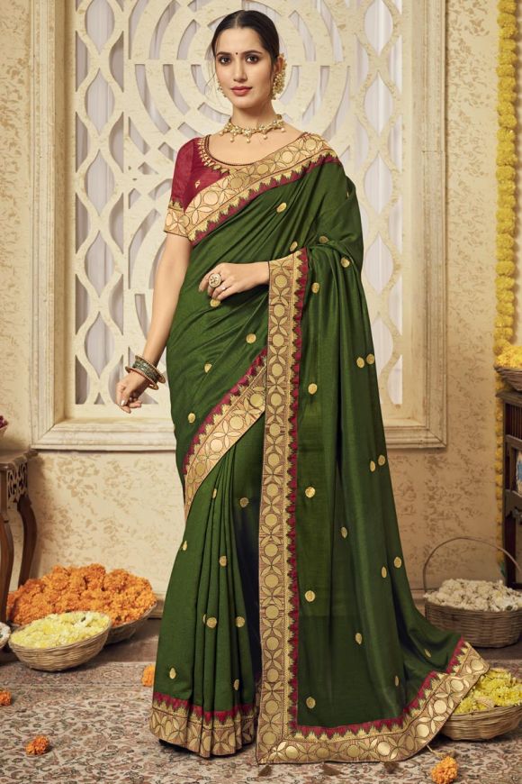 Mehndi green color soft linen saree with weaving work