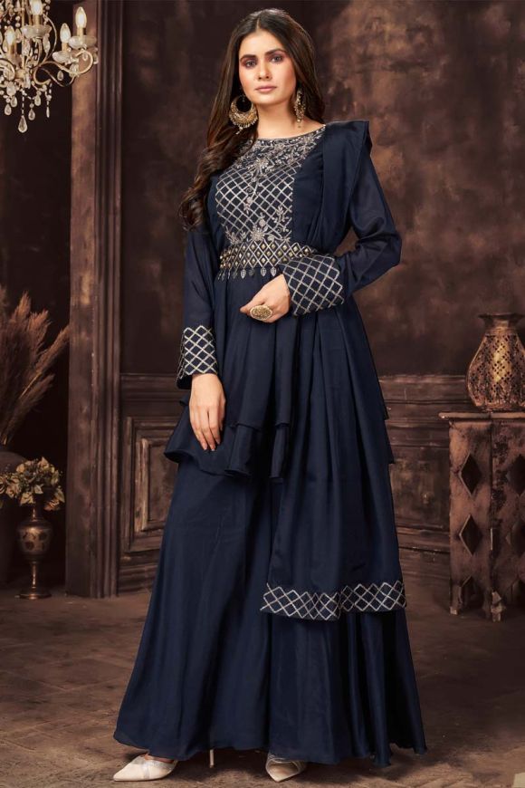 Silk Embroidered Designer Party Wear Gown, Blue at Rs 999 in Surat