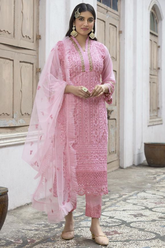 Embroidered Art Silk Jacquard Pakistani Suit in Pink : KYE2376
