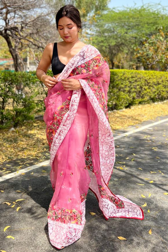 Pink Organza Lucknowi Chikankari Saree