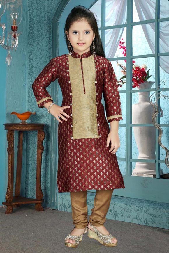 Maroon Kids Readymade Embroidered Salwar Suit In Georgette 327KW03