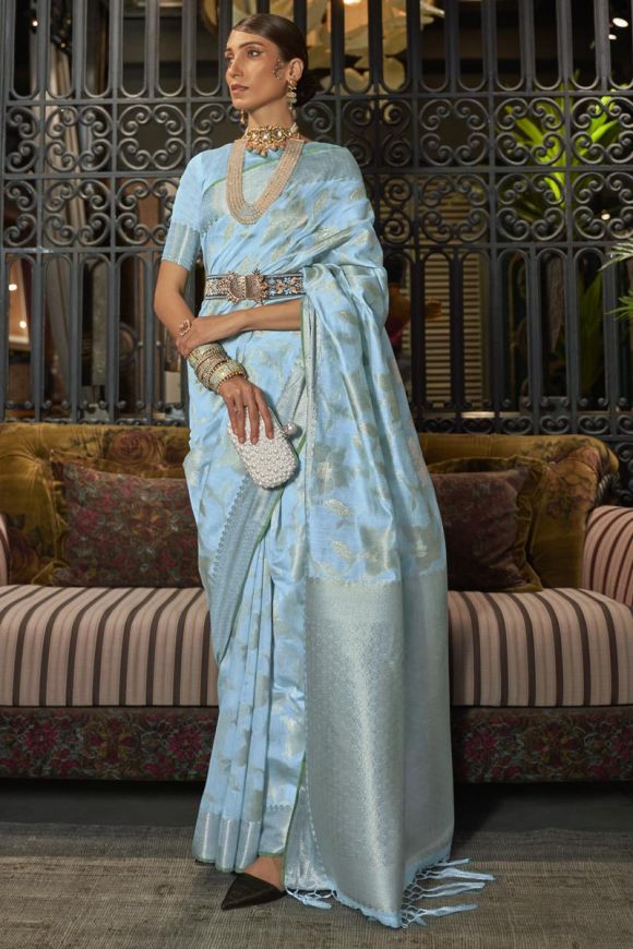 Pure Silk Saree In Light Blue Color With Embroidery Work - Bridal Banarasi  Saree - Saree