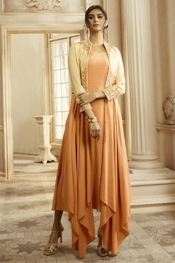 Buy V Da Couture Peach Round neck Crepe Sleeveless Indo-Western gown for  Women at Amazon.in