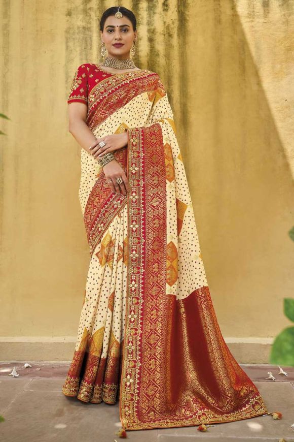 Cream Bridal Woven Banarasi Silk Saree With Red Blouse