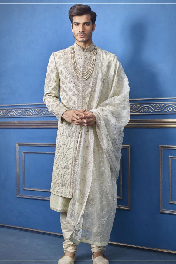 Jacquard Off White Color Wedding Wear Readymade Designer Men Indo West |  Western suits, Indian wedding clothes for men, Indian wedding suits men