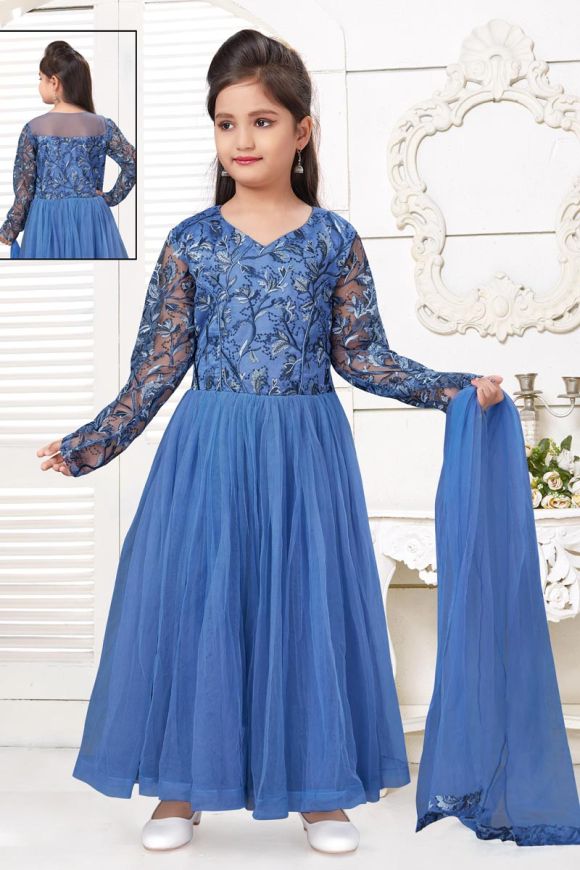 Girls Embellished Sky Blue Gown Dress - Fashion Wear
