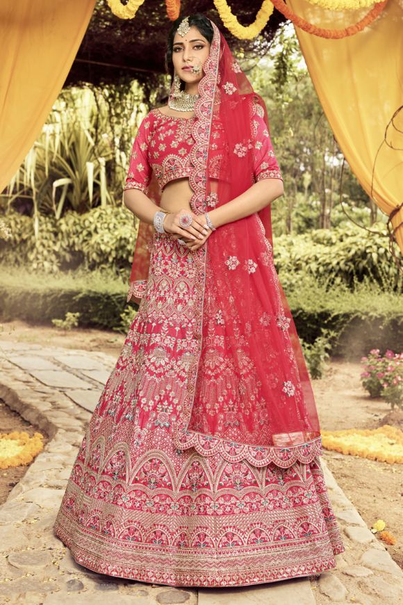 Buy Coral Pink Sequins Net Wedding Lehenga Choli at Ethnic Plus