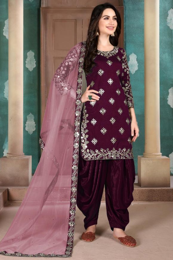 Buy Purple Gota Velvet Suit Set Online in india