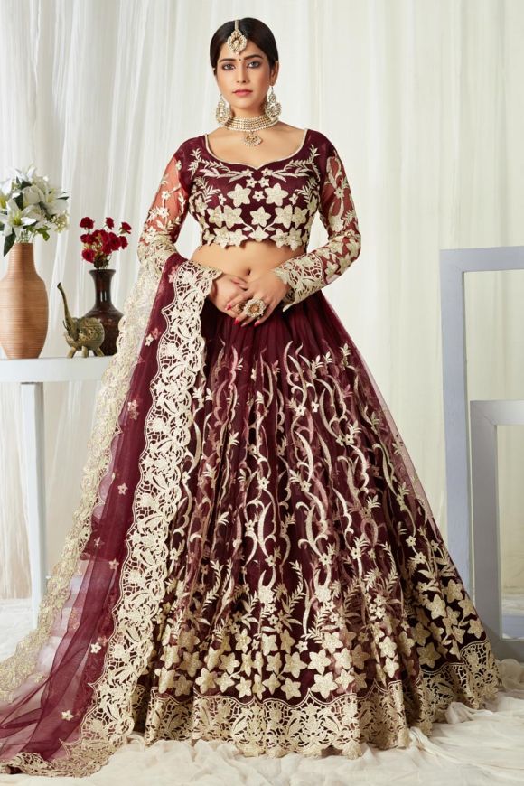 Wedding Wear Velvet Fabric Fancy Embroidered Maroon Color Lehenga Choli
