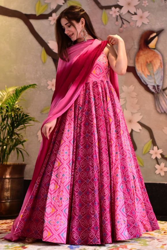 Printed Long Gown with Net Dupatta - Palki Boutique