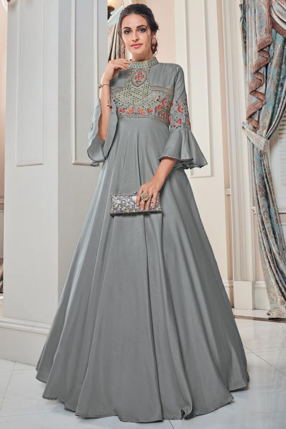 Designer Light Grey 2 Shaded Satin Silk Long Ready Made Gown Comes Along  With Cane Cane