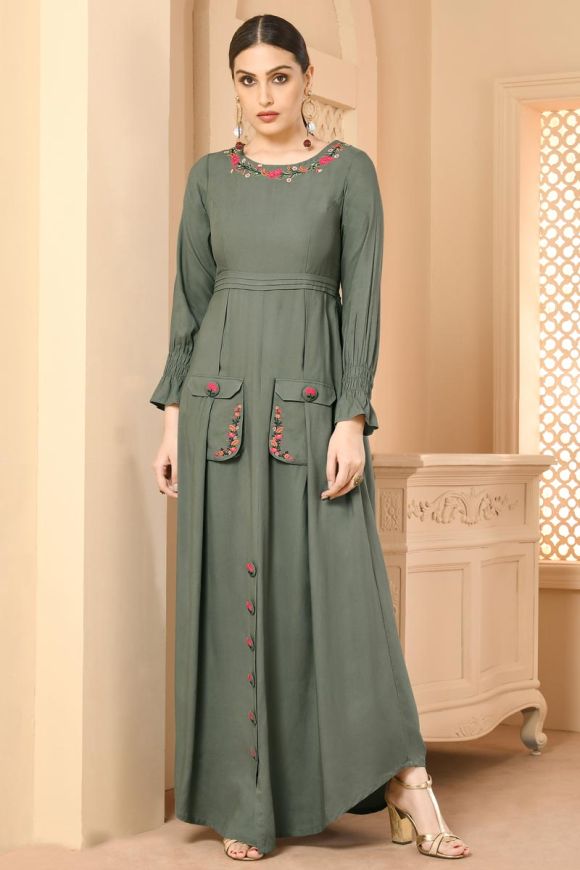 Function Wear Readymade Embroidered Grey Gown Style Kurti In Rayon