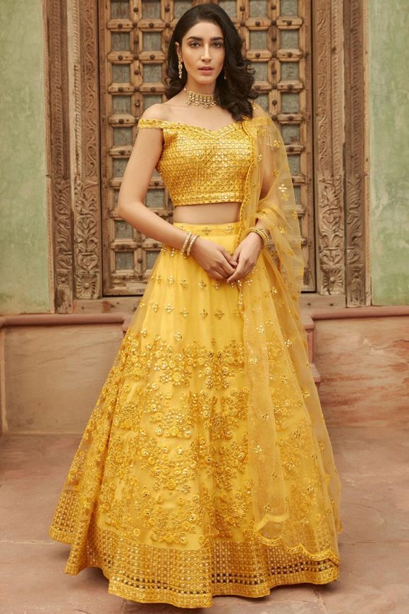 Mehendi Sangeet Yellow color Organza Silk, Silk fabric Lehenga : 1532229