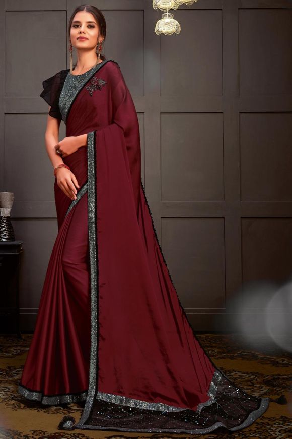 Imported Plain Maroon Contemporary Saree