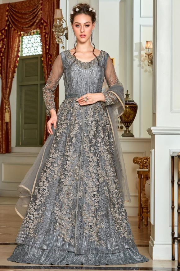 Grey Partywear Embroidery With Embellished Net Gown