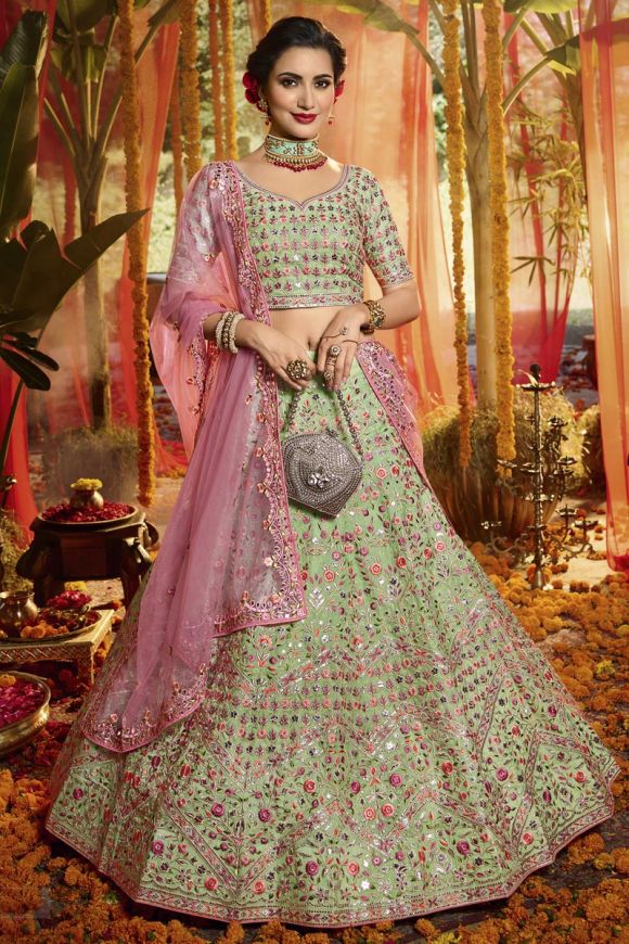 Stunning Mint Green and Pink Combination Lehenga Choli | Bridal lehenga  online, Bridal lehenga, Silk lehenga