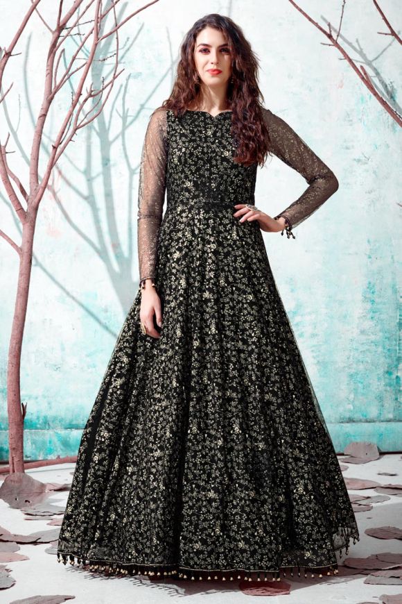 Buy Brown Stretchable Net Embroidered Cutdana Work Round Neck Gown For  Women by Chisel by Meghna Ramrakhiya Online at Aza Fashions.