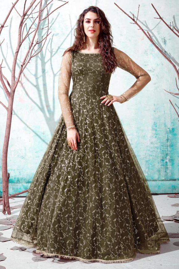 Stylish Designer Green Long Embroidered Mehndi Party Gown – Sultan Dress