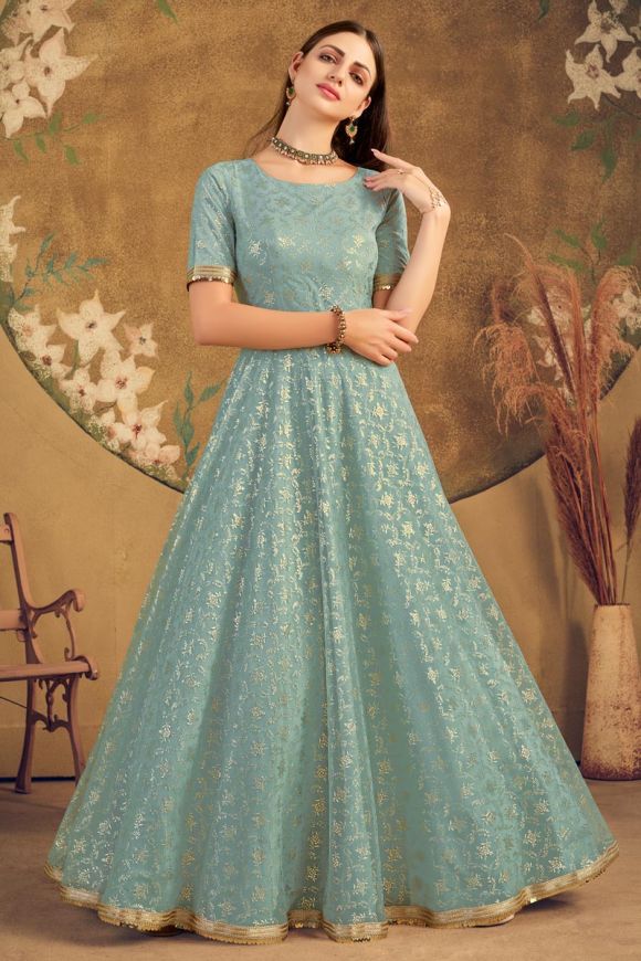 Gown : Sea green georgette embroidered indowestern gown