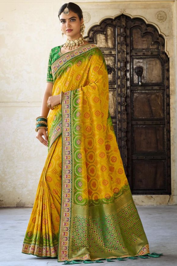 Yellow Banarasi Silk Saree for Bridal Wedding – FOURMATCHING-atpcosmetics.com.vn