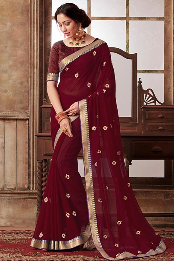 Buy Maroon Raw Silk Embroidered Traditional Designer Saree : 182465 -