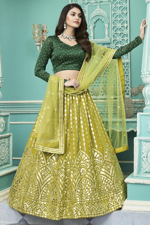 Green Yellow Combination Georgette Real Mirror Embroidered Stitched Top  Lehenga at Rs 2499.00 | कढ़ाई वाला लेहंगा, बूटेदार लहंगा - Skyblue Fashion,  Surat | ID: 26138822191