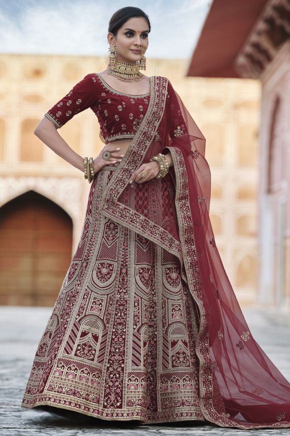 Buy Maroon Tissue Embroidery V Neck Lehenga Set For Women by Sue Mue Online  at Aza Fashions.