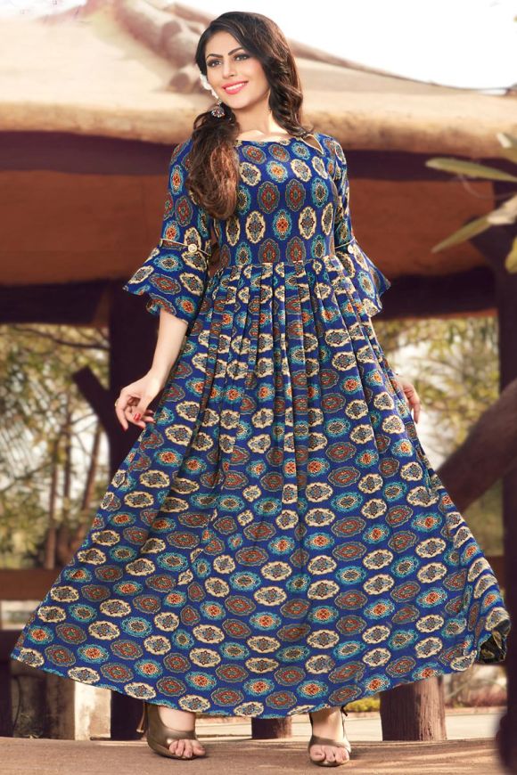 Blue Silk with Patola Designer Foil Print Work Gown