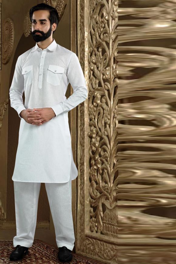Solid Color Pure Cotton Pathani Suit in White : MKQ559