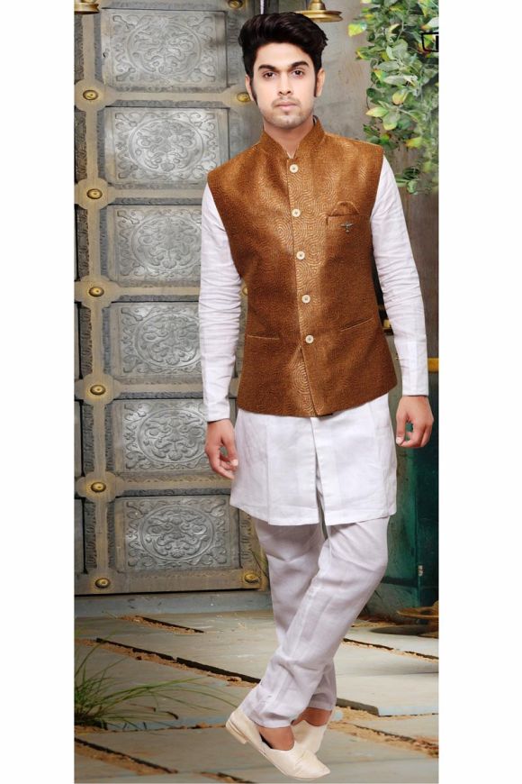 Golden Kurta Pajama & Printed Nehru Jacket 1094MW08
