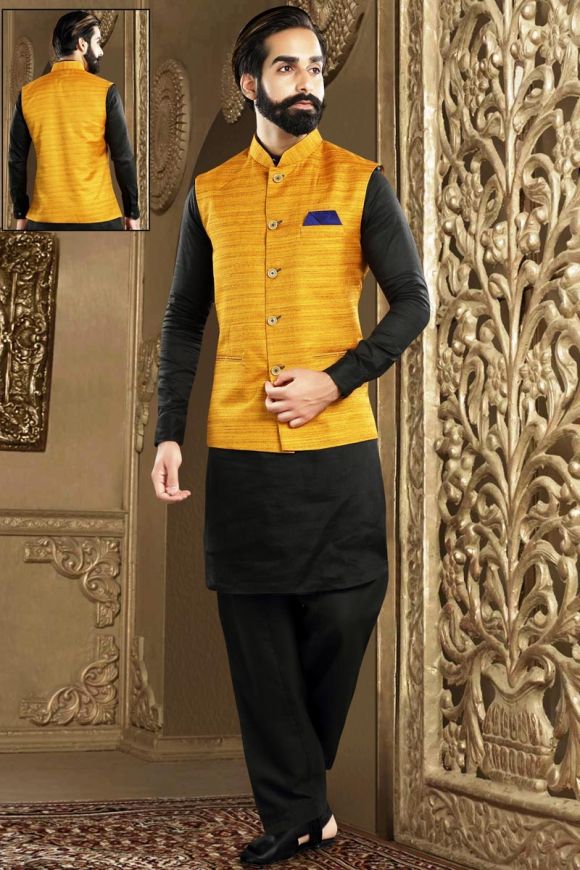 Festive Wear Designer Pathani Set With Jacket For Men In Black And Orange  Silk With Fancy Work