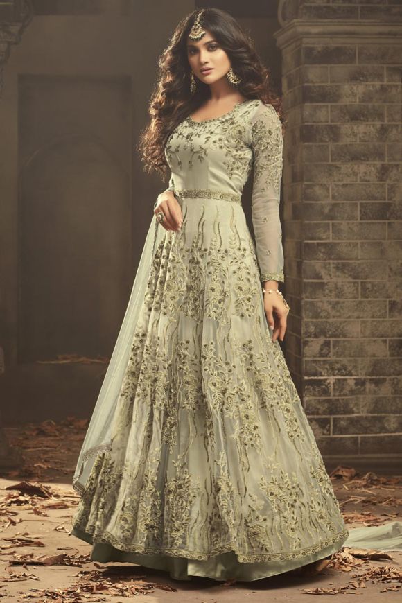 Buy Beige Georgette Band Collar Embroidered Anarkali For Women by JYOTI  SACHDEV IYER Online at Aza Fashions.