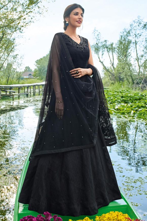 Women Gold Embroidered Black Silk Gown | Vibgyor by Monica – Vibgyorbymonica