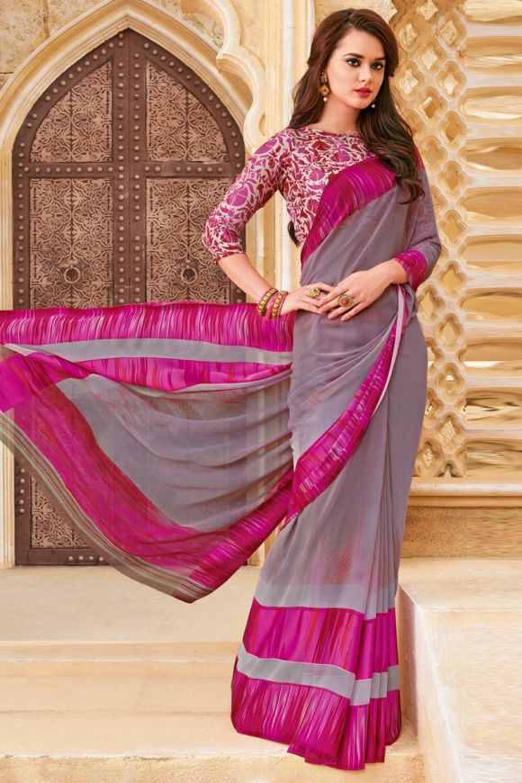 Gray & Pink Silk Saree With Zari Weaving – Sareewave