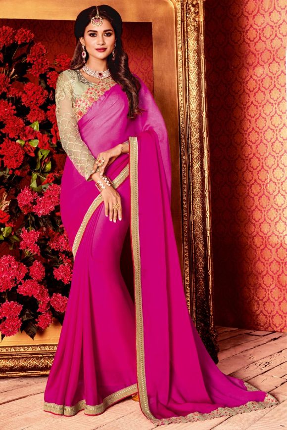 PLAIN MAGENTA GEORGETTE SAREE WITH BLOUSE PIECE