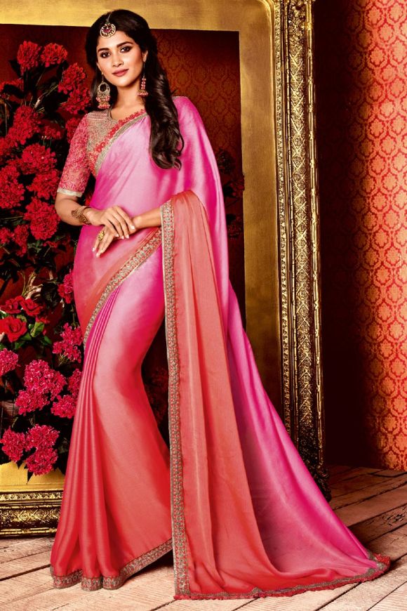 Pink And Orange Silk And Satin Designer Plain Saree With Gorgeous Blouse