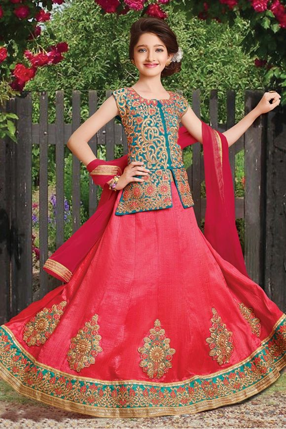 Buy Pink Brocade Print Booti Lehenga Blouse Set For Girls by Pinkcow designs  pvt ltd Online at Aza Fashions.