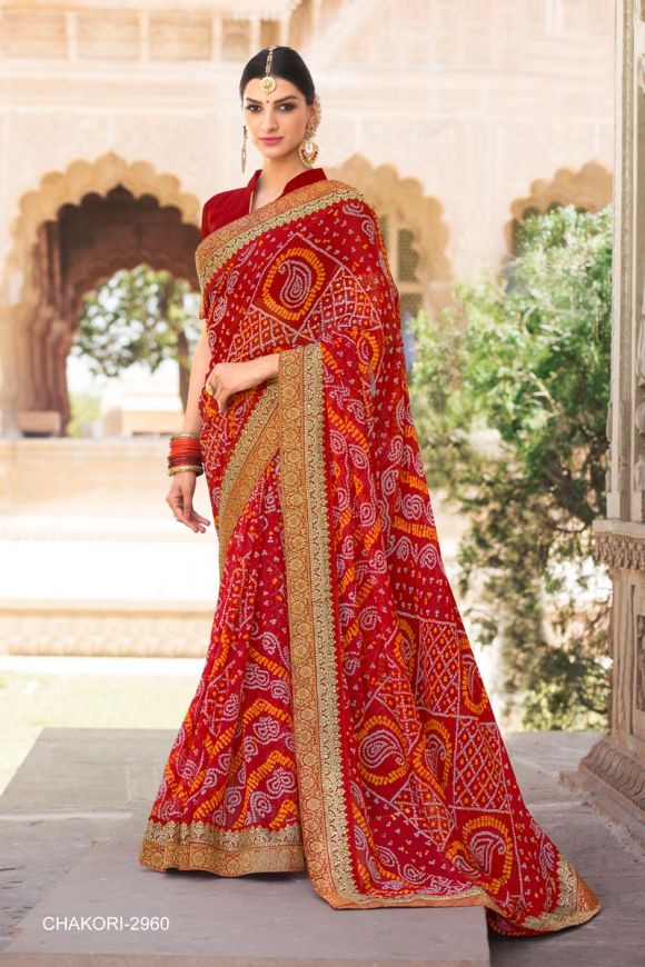 Elegant Red Color Chiffon Gujarati Style Bandhani Saree